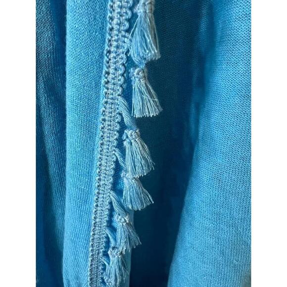 NWT Chicos Blue Crochet Lace Hem Tassel Trim Open Front Cardigan Size 4 (XL) - Picture 3 of 11
